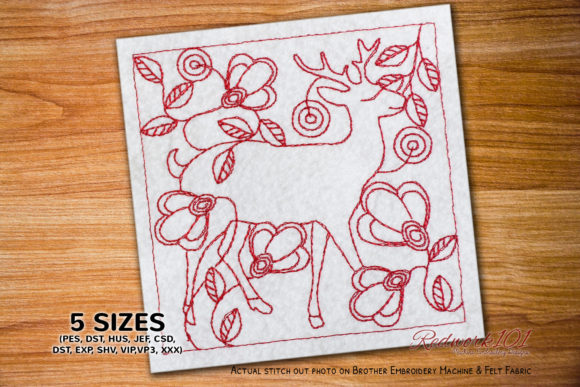Embrace the Charm of Cute Deer with Floral Background Redwork