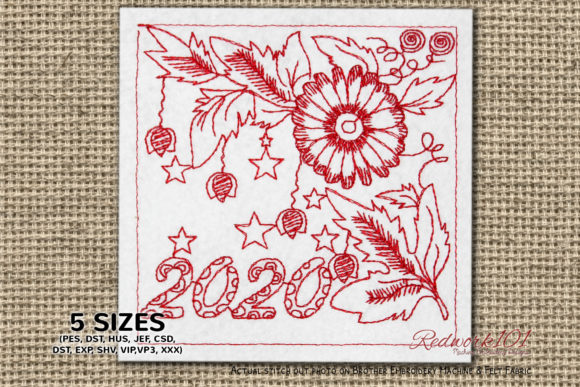 New Year Floral Pattern Redwork